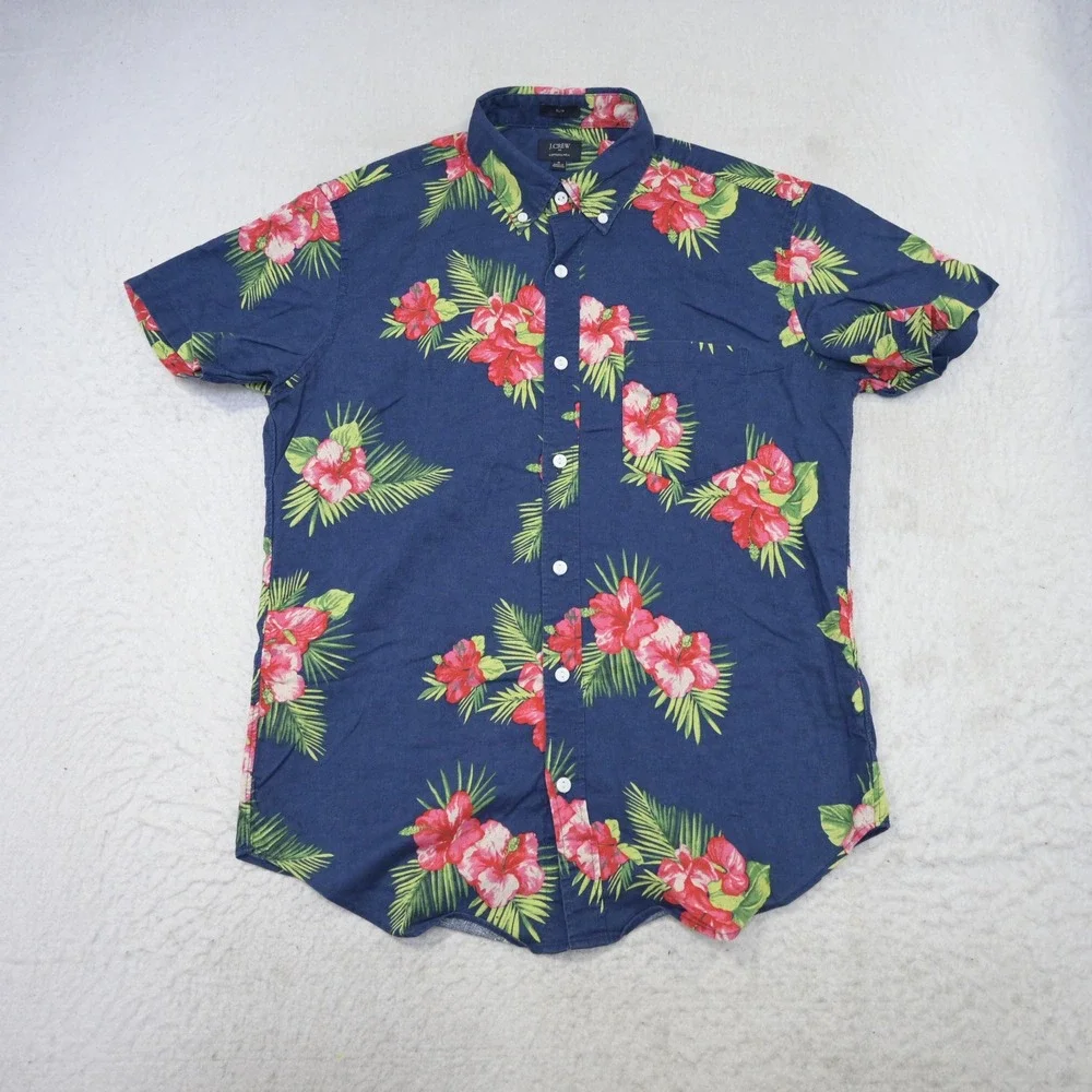 J.Crew Button Up Short Sleeve Shirt Mens M Slim Blue Floral Cotton Linen E8666